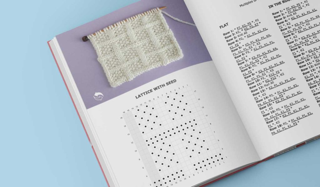 Knit Stitch book open to page displaying lattice with seed pattern